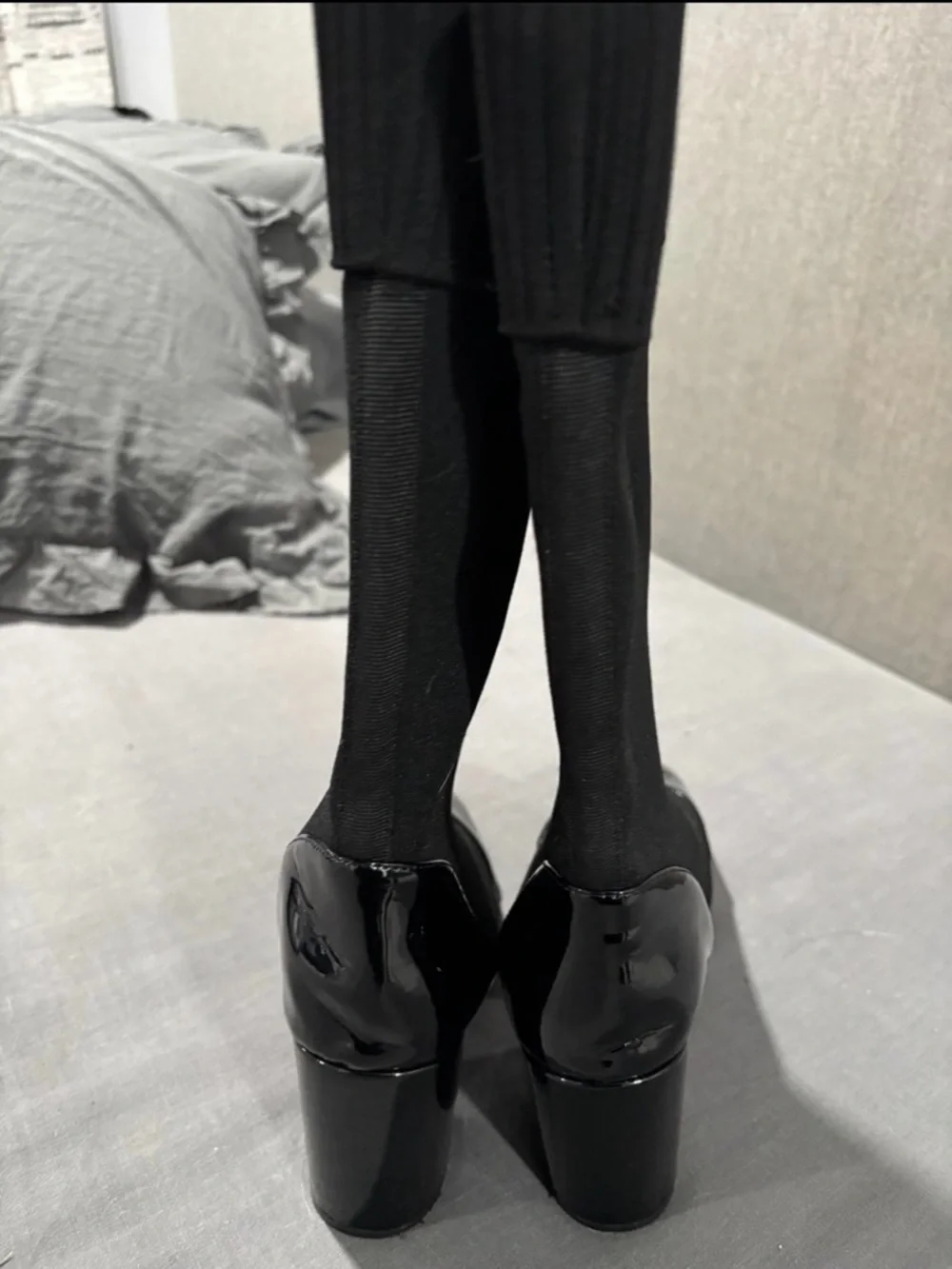 CHANEL Black Stretch Sock Boots with Glossy Patent Cap Toe - Picture 6 of 7